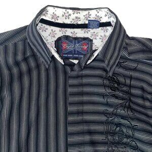 English Laundry Men's Black & White Striped Embroidered Long Sleeve Shirt M 15.5
